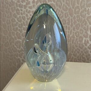 5" OVAL BLUE OPALESCENT & CLEAR GLASS PAPERWEIGHT BY EICKHOLT *SIGNED DATED